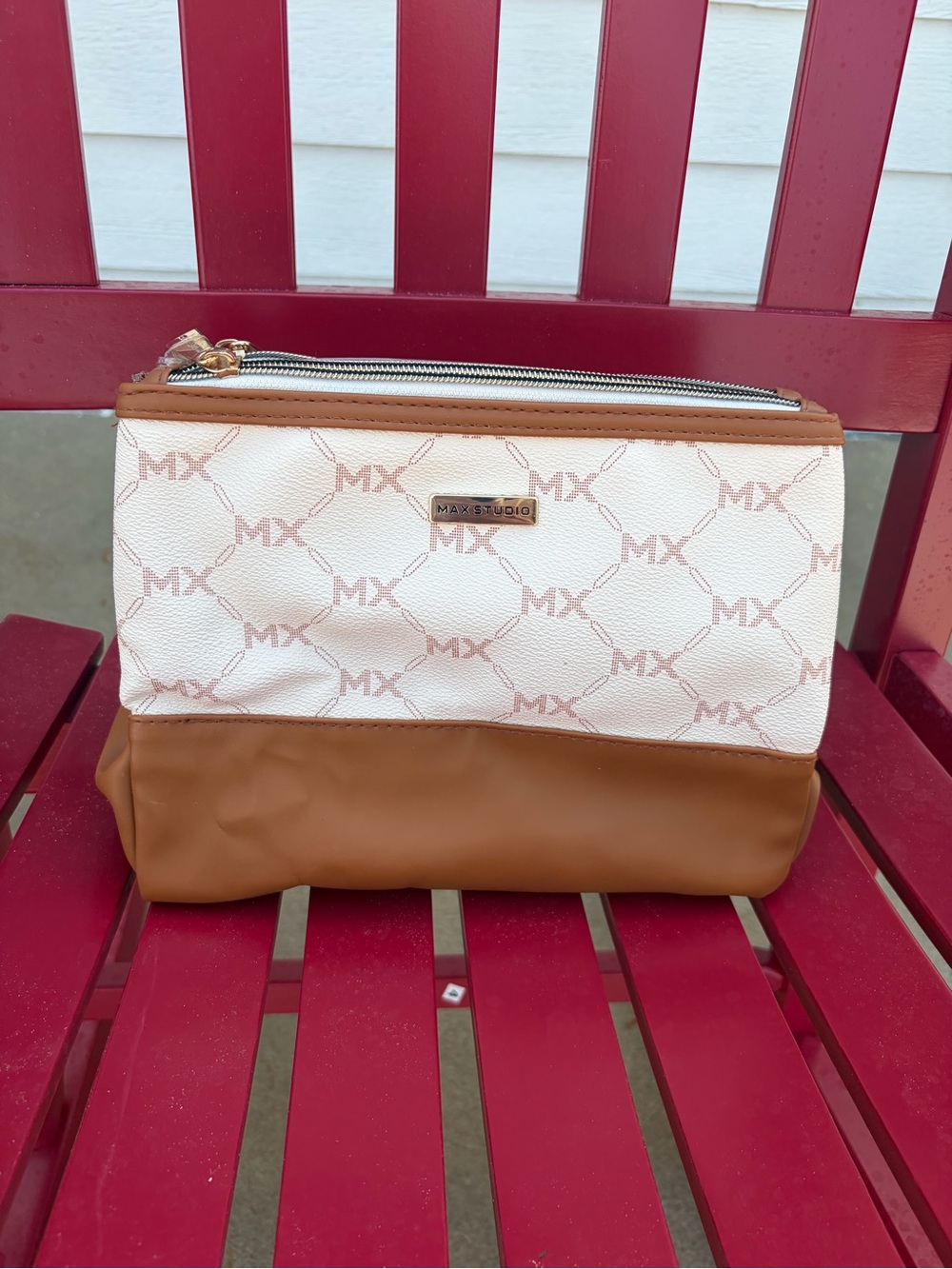 Max Studio White and Brown Logo Print Cosmetic Pouch